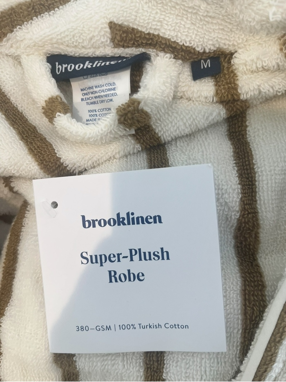Brooklinen Cream and Brown Striped Super Plush Robe Size M New with Tags Unisex - Picture 2 of 4